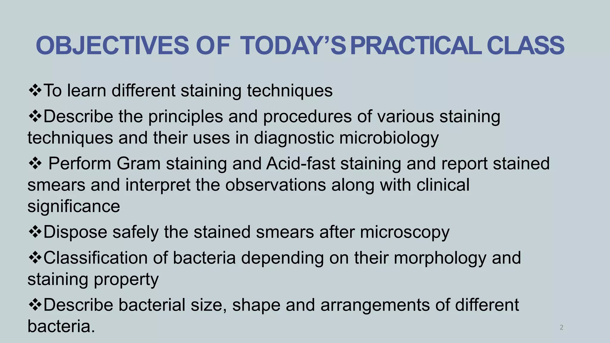 INTRODUCTION TO MICRO LAB, STAINING TECHNIQUES & MORPHOLOGY OF BACTERIA