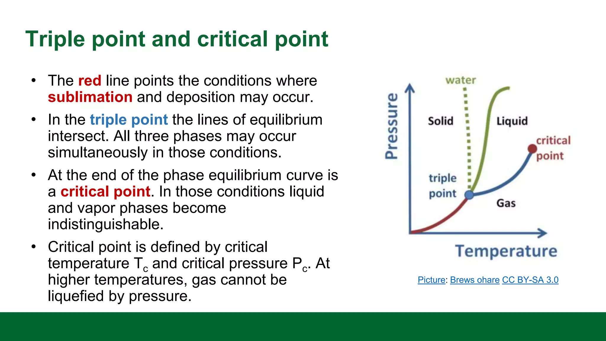 Triple point and critical point
• The red line points the conditions where
sublimation and deposition may occur.
• In the triple point the lines of equilibrium
intersect. All three phases may occur
simultaneously in those conditions.
• At the end of the phase equilibrium curve is
a critical point. In those conditions liquid
and vapor phases become
indistinguishable.
• Critical point is defined by critical
temperature Tc and critical pressure Pc. At
higher temperatures, gas cannot be
liquefied by pressure.
Picture: Brews ohare CC BY-SA 3.0
 