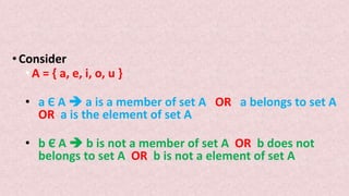 •Consider
•A = { a, e, i, o, u }
• a Є A  a is a member of set A OR a belongs to set A
OR a is the element of set A
• b Є A  b is not a member of set A OR b does not
belongs to set A OR b is not a element of set A
 
