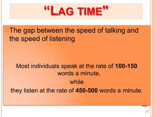 “LAG TIME"
The gap between the speed of talking and
the speed of listening
Most individuals speak at the rate of 100-150
words a minute,
while
they listen at the rate of 450-500 words a minute.
21
 