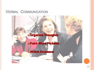 VERBAL COMMUNICATION
 Organize Thoughts
 Paint Word Pictures
 Watch Grammar
26
 