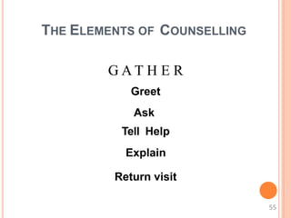 THE ELEMENTS OF COUNSELLING
G A T H E R
Greet
Ask
Tell Help
Explain
Return visit
55
 
