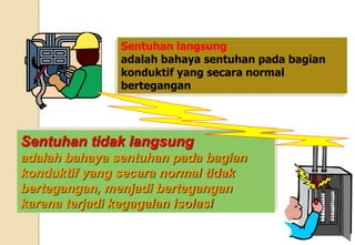Sentuhan langsung
adalah bahaya sentuhan pada bagian
konduktif yang secara normal
bertegangan
Sentuhan tidak langsung
adalah bahaya sentuhan pada bagian
konduktif yang secara normal tidak
bertegangan, menjadi bertegangan
karena terjadi kegagalan isolasi
 
