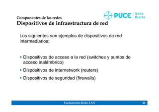 Fundamentos Redes LAN 20
Componentes de las redes
Dispositivos de infraestructura de red
Los siguientes son ejemplos de dispositivos de red
intermediarios:
 Dispositivos de acceso a la red (switches y puntos de
acceso inalámbrico)
 Dispositivos de internetwork (routers)
 Dispositivos de seguridad (firewalls)
 