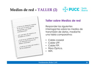 Fundamentos Redes LAN 25
Medios de red – TALLER (2)
Taller sobre Medios de red
Responder las siguientes
interrogantes sobre los medios de
transmisión de datos, mediante
una tabla comparativa:
• Cable coaxial
• Cable UTP.
• Cable FTP.
• Fibra Óptica.
• WiFi.
 