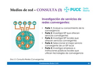 Fundamentos Redes LAN 28
Medios de red – CONSULTA (3)
Investigación de servicios de
redes convergentes:
• Parte 1: Evaluar su conocimiento de la
convergencia
• Parte 2: Investigar ISP que ofrecen
servicios convergentes
• Parte 3: Investigar ISP locales que
ofrecen servicios convergentes
• Parte 4: Seleccionar el mejor servicio
convergente de un ISP local
• Parte 5: Investigar empresas o
instituciones públicas locales que
utilicen tecnologías de convergencia
Doc 2. Consulta Redes Convergentes
 