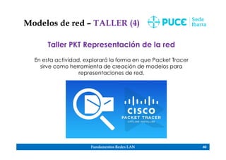 Fundamentos Redes LAN 40
Modelos de red – TALLER (4)
Taller PKT Representación de la red
En esta actividad, explorará la forma en que Packet Tracer
sirve como herramienta de creación de modelos para
representaciones de red.
 
