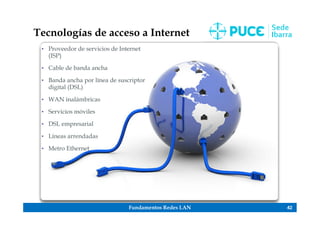 Fundamentos Redes LAN 42
Tecnologías de acceso a Internet
• Proveedor de servicios de Internet
(ISP)
• Cable de banda ancha
• Banda ancha por línea de suscriptor
digital (DSL)
• WAN inalámbricas
• Servicios móviles
• DSL empresarial
• Líneas arrendadas
• Metro Ethernet
 