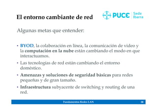 Fundamentos Redes LAN 58
El entorno cambiante de red
Algunas metas que entender:
• BYOD, la colaboración en línea, la comunicación de video y
la computación en la nube están cambiando el modo en que
interactuamos.
• Las tecnologías de red están cambiando el entorno
doméstico.
• Amenazas y soluciones de seguridad básicas para redes
pequeñas y de gran tamaño.
• Infraestructura subyacente de switching y routing de una
red.
 