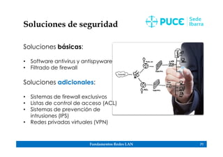 Fundamentos Redes LAN 71
Soluciones de seguridad
Soluciones básicas:
• Software antivirus y antispyware
• Filtrado de firewall
Soluciones adicionales:
• Sistemas de firewall exclusivos
• Listas de control de acceso (ACL)
• Sistemas de prevención de
intrusiones (IPS)
• Redes privadas virtuales (VPN)
 