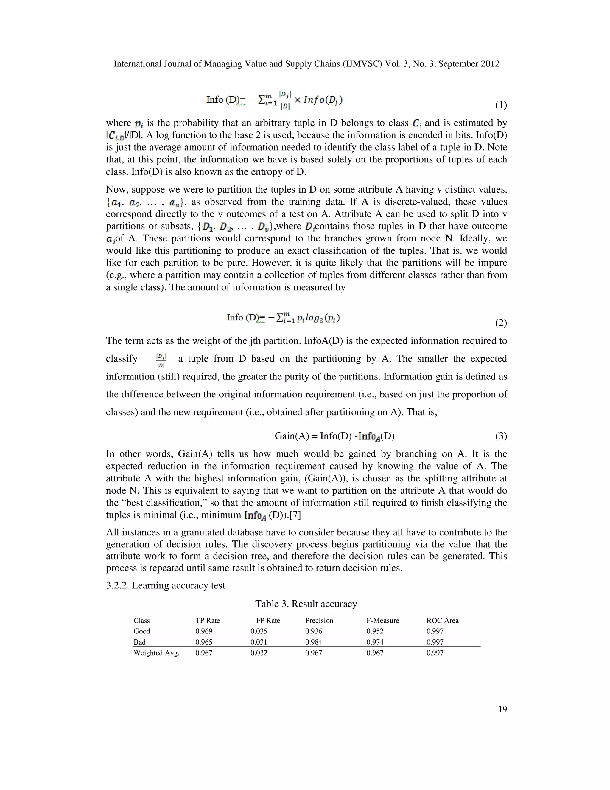 International Journal of Managing Value and Supply Chains (IJMVSC) Vol. 3, No. 3, September 2012
19
(1)
where is the probability that an arbitrary tuple in D belongs to class and is estimated by
| |/|D|. A log function to the base 2 is used, because the information is encoded in bits. Info(D)
is just the average amount of information needed to identify the class label of a tuple in D. Note
that, at this point, the information we have is based solely on the proportions of tuples of each
class. Info(D) is also known as the entropy of D.
Now, suppose we were to partition the tuples in D on some attribute A having v distinct values,
{ , , … , }, as observed from the training data. If A is discrete-valued, these values
correspond directly to the v outcomes of a test on A. Attribute A can be used to split D into v
partitions or subsets, { , , … , },where contains those tuples in D that have outcome
of A. These partitions would correspond to the branches grown from node N. Ideally, we
would like this partitioning to produce an exact classification of the tuples. That is, we would
like for each partition to be pure. However, it is quite likely that the partitions will be impure
(e.g., where a partition may contain a collection of tuples from different classes rather than from
a single class). The amount of information is measured by
(2)
The term acts as the weight of the jth partition. InfoA(D) is the expected information required to
classify a tuple from D based on the partitioning by A. The smaller the expected
information (still) required, the greater the purity of the partitions. Information gain is defined as
the difference between the original information requirement (i.e., based on just the proportion of
classes) and the new requirement (i.e., obtained after partitioning on A). That is,
Gain(A) = Info(D) - (D) (3)
In other words, Gain(A) tells us how much would be gained by branching on A. It is the
expected reduction in the information requirement caused by knowing the value of A. The
attribute A with the highest information gain, (Gain(A)), is chosen as the splitting attribute at
node N. This is equivalent to saying that we want to partition on the attribute A that would do
the “best classification,” so that the amount of information still required to finish classifying the
tuples is minimal (i.e., minimum (D)).[7]
All instances in a granulated database have to consider because they all have to contribute to the
generation of decision rules. The discovery process begins partitioning via the value that the
attribute work to form a decision tree, and therefore the decision rules can be generated. This
process is repeated until same result is obtained to return decision rules.
3.2.2. Learning accuracy test
Table 3. Result accuracy
Class TP Rate FP Rate Precision F-Measure ROC Area
Good 0.969 0.035 0.936 0.952 0.997
Bad 0.965 0.031 0.984 0.974 0.997
Weighted Avg. 0.967 0.032 0.967 0.967 0.997
 