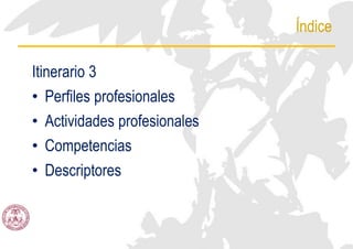 Índice
Itinerario 3
• Perfiles profesionales
• Actividades profesionales
• Competencias
• Descriptores
 