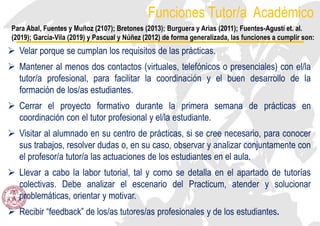 Funciones Tutor/a Académico
 Velar porque se cumplan los requisitos de las prácticas.
 Mantener al menos dos contactos (virtuales, telefónicos o presenciales) con el/la
tutor/a profesional, para facilitar la coordinación y el buen desarrollo de la
formación de los/as estudiantes.
 Cerrar el proyecto formativo durante la primera semana de prácticas en
coordinación con el tutor profesional y el/la estudiante.
 Visitar al alumnado en su centro de prácticas, si se cree necesario, para conocer
sus trabajos, resolver dudas o, en su caso, observar y analizar conjuntamente con
el profesor/a tutor/a las actuaciones de los estudiantes en el aula.
 Llevar a cabo la labor tutorial, tal y como se detalla en el apartado de tutorías
colectivas. Debe analizar el escenario del Practicum, atender y solucionar
problemáticas, orientar y motivar.
 Recibir “feedback” de los/as tutores/as profesionales y de los estudiantes.
Para Abal, Fuentes y Muñoz (2107); Bretones (2013); Burguera y Arias (2011); Fuentes-Agustí et. al.
(2019); García-Vila (2019) y Pascual y Núñez (2012) de forma generalizada, las funciones a cumplir son:
 