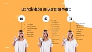 Las Actividades De Expresion Motriz
1. Ser más
desinhibidos y
espontáneos en
la exploración
del movimiento
2. Desenvolverse
en el espacio,
utilizando
adecuadamente
las
posibilidades
para
comunicarse
1. Saber encontrar
el propio ritmo
y adaptarse al
de los demás.
2. Conseguir
soltura y
continuidad en
los
movimientos
1. Excelente
relación grupal.
2. Conocimiento del
cuerpo,
vivenciarlo y
expresarse a
través de él.
01 02 03
 