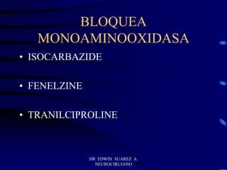 DR EDWIN SUAREZ A.
NEUROCIRUJANO
BLOQUEA
MONOAMINOOXIDASA
• ISOCARBAZIDE
• FENELZINE
• TRANILCIPROLINE
 