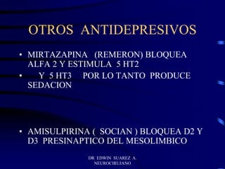 DR EDWIN SUAREZ A.
NEUROCIRUJANO
OTROS ANTIDEPRESIVOS
• MIRTAZAPINA (REMERON) BLOQUEA
ALFA 2 Y ESTIMULA 5 HT2
• Y 5 HT3 POR LO TANTO PRODUCE
SEDACION
• AMISULPIRINA ( SOCIAN ) BLOQUEA D2 Y
D3 PRESINAPTICO DEL MESOLIMBICO
 