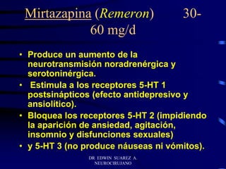 DR EDWIN SUAREZ A.
NEUROCIRUJANO
Mirtazapina (Remeron) 30-
60 mg/d
• Produce un aumento de la
neurotransmisión noradrenérgica y
serotoninérgica.
• Estimula a los receptores 5-HT 1
postsinápticos (efecto antidepresivo y
ansiolítico).
• Bloquea los receptores 5-HT 2 (impidiendo
la aparición de ansiedad, agitación,
insomnio y disfunciones sexuales)
• y 5-HT 3 (no produce náuseas ni vómitos).
 