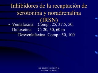 Inhibidores de la recaptación de
serotonina y noradrenalina
(IRSN)
• Venlafaxina Comp.: 25, 37,5, 50,
Duloxetina C: 20, 30, 60 m
Desvenlafaxina Comp.: 50, 100
DR EDWIN SUAREZ A.
NEUROCIRUJANO
 