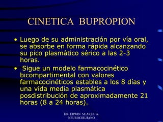 DR EDWIN SUAREZ A.
NEUROCIRUJANO
CINETICA BUPROPION
• Luego de su administración por vía oral,
se absorbe en forma rápida alcanzando
su pico plasmático sérico a las 2-3
horas.
• Sigue un modelo farmacocinético
bicompartimental con valores
farmacocinéticos estables a los 8 días y
una vida media plasmática
posdistribución de aproximadamente 21
horas (8 a 24 horas).
 