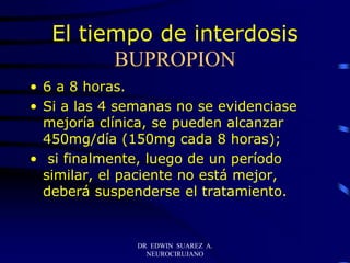 DR EDWIN SUAREZ A.
NEUROCIRUJANO
El tiempo de interdosis
BUPROPION
• 6 a 8 horas.
• Si a las 4 semanas no se evidenciase
mejoría clínica, se pueden alcanzar
450mg/día (150mg cada 8 horas);
• si finalmente, luego de un período
similar, el paciente no está mejor,
deberá suspenderse el tratamiento.
 