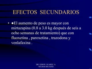 EFECTOS SECUNDARIOS
• ●El aumento de peso es mayor con
mirtazapina (0.8 a 3.0 kg después de seis a
ocho semanas de tratamiento) que con
fluoxetina , paroxetina , trazodona y
venlafaxina .
DR EDWIN SUAREZ A.
NEUROCIRUJANO
 