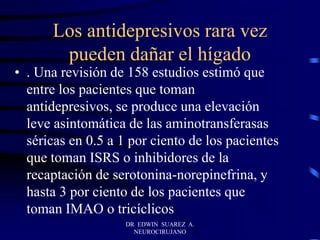 Los antidepresivos rara vez
pueden dañar el hígado
• . Una revisión de 158 estudios estimó que
entre los pacientes que toman
antidepresivos, se produce una elevación
leve asintomática de las aminotransferasas
séricas en 0.5 a 1 por ciento de los pacientes
que toman ISRS o inhibidores de la
recaptación de serotonina-norepinefrina, y
hasta 3 por ciento de los pacientes que
toman IMAO o tricíclicos
DR EDWIN SUAREZ A.
NEUROCIRUJANO
 