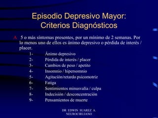 DR EDWIN SUAREZ A.
NEUROCIRUJANO
Episodio Depresivo Mayor:
Criterios Diagnósticos
A 5 o más síntomas presentes, por un mínimo de 2 semanas. Por
lo menos uno de ellos es ánimo depresivo o pérdida de interés /
placer.
1- Ánimo depresivo
2- Pérdida de interés / placer
3- Cambios de peso / apetito
4- Insomnio / hipersomnio
5- Agitación/retardo psicomotriz
6- Fatiga
7- Sentimientos minusvalía / culpa
8- Indecisión / desconcentración
9- Pensamientos de muerte
 