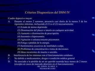 DR EDWIN SUAREZ A.
NEUROCIRUJANO
Criterios Diagnosticos del DSM IV
Cuadro depresivo mayor:
A. Durante al menos 2 semanas, presencia casi diaria de la menos 5 de los
siguientes síntomas, incluyendo el (1) o el (2) necesariamente:
(1) Estado de ánimo deprimido
(2) Disminución del placer o interés en cualquier actividad.
(3) Aumento o disminución de peso/apetito
(4) Insomnio o hipersomnio.
(5) Agitación o enlentecimiento psicomotor.
(6) Fatiga o pérdida de la energía.
(7) Sentimientos excesivos de inutilidad o culpa.
(8) Problemas de concentración o toma de decisiones.
(9) Ideas recurrentes de muerte o suicidio.
B. Interferencia de los síntomas con el funcionameinto cotidiano.
C. No debido a medicamentos, drogas o condición médica general
D. No asociado a la pérdida de un ser querido ocurrida hece menos de 2 meses
(excepto en casos de marcado deterioro en el funcionamiento)
 