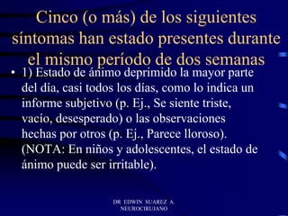 Cinco (o más) de los siguientes
síntomas han estado presentes durante
el mismo período de dos semanas
• 1) Estado de ánimo deprimido la mayor parte
del día, casi todos los días, como lo indica un
informe subjetivo (p. Ej., Se siente triste,
vacío, desesperado) o las observaciones
hechas por otros (p. Ej., Parece lloroso).
(NOTA: En niños y adolescentes, el estado de
ánimo puede ser irritable).
DR EDWIN SUAREZ A.
NEUROCIRUJANO
 