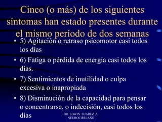 Cinco (o más) de los siguientes
síntomas han estado presentes durante
el mismo período de dos semanas
• 5) Agitación o retraso psicomotor casi todos
los días
• 6) Fatiga o pérdida de energía casi todos los
días.
• 7) Sentimientos de inutilidad o culpa
excesiva o inapropiada
• 8) Disminución de la capacidad para pensar
o concentrarse, o indecisión, casi todos los
días DR EDWIN SUAREZ A.
NEUROCIRUJANO
 