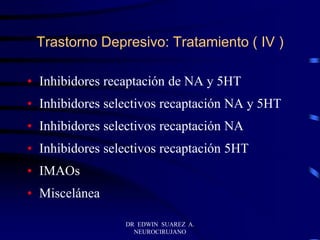 DR EDWIN SUAREZ A.
NEUROCIRUJANO
Trastorno Depresivo: Tratamiento ( IV )
• Inhibidores recaptación de NA y 5HT
• Inhibidores selectivos recaptación NA y 5HT
• Inhibidores selectivos recaptación NA
• Inhibidores selectivos recaptación 5HT
• IMAOs
• Miscelánea
 