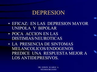 DR EDWIN SUAREZ A.
NEUROCIRUJANO
DEPRESION
• EFICAZ: EN LAS DEPRESION MAYOR
UNIPOLA Y BIPOLAR
• POCA ACCION EN LAS
DISTIMIAS/NEUROTICAS
• LA PRESENCIA DE SINTOMAS
MELANCOLICOS/ENDOGENOS
PREDICE UNA RESPUESTA MEJOR A
LOS ANTIDEPRESIVOS.
 
