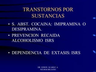 DR EDWIN SUAREZ A.
NEUROCIRUJANO
TRANSTORNOS POR
SUSTANCIAS
• S. ABST. COCAINA: IMIPRAMINA O
DESIPRAMINA.
• PREVENCION RECAIDA
ALCOHOLISMO ISRS
• DEPENDENCIA DE EXTASIS: ISRS
 