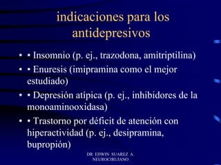 indicaciones para los
antidepresivos
• • Insomnio (p. ej., trazodona, amitriptilina)
• • Enuresis (imipramina como el mejor
estudiado)
• • Depresión atípica (p. ej., inhibidores de la
monoaminooxidasa)
• • Trastorno por déficit de atención con
hiperactividad (p. ej., desipramina,
bupropión)
DR EDWIN SUAREZ A.
NEUROCIRUJANO
 
