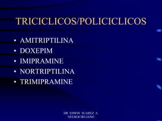 DR EDWIN SUAREZ A.
NEUROCIRUJANO
TRICICLICOS/POLICICLICOS
• AMITRIPTILINA
• DOXEPIM
• IMIPRAMINE
• NORTRIPTILINA
• TRIMIPRAMINE
 