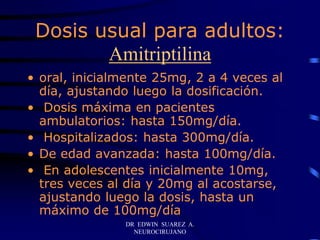 DR EDWIN SUAREZ A.
NEUROCIRUJANO
Dosis usual para adultos:
Amitriptilina
• oral, inicialmente 25mg, 2 a 4 veces al
día, ajustando luego la dosificación.
• Dosis máxima en pacientes
ambulatorios: hasta 150mg/día.
• Hospitalizados: hasta 300mg/día.
• De edad avanzada: hasta 100mg/día.
• En adolescentes inicialmente 10mg,
tres veces al día y 20mg al acostarse,
ajustando luego la dosis, hasta un
máximo de 100mg/día
 