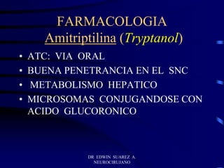 DR EDWIN SUAREZ A.
NEUROCIRUJANO
FARMACOLOGIA
Amitriptilina (Tryptanol)
• ATC: VIA ORAL
• BUENA PENETRANCIA EN EL SNC
• METABOLISMO HEPATICO
• MICROSOMAS CONJUGANDOSE CON
ACIDO GLUCORONICO
 