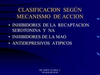 DR EDWIN SUAREZ A.
NEUROCIRUJANO
CLASIFICACION SEGÚN
MECANISMO DE ACCION
• INHIBIDORES DE LA RECAPTACION
SEROTONINA Y NA
• INHIBIDORES DE LA MAO
• ANTIDEPRESIVOS ATIPICOS
 