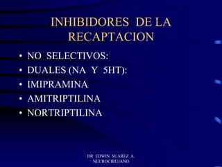 DR EDWIN SUAREZ A.
NEUROCIRUJANO
INHIBIDORES DE LA
RECAPTACION
• NO SELECTIVOS:
• DUALES (NA Y 5HT):
• IMIPRAMINA
• AMITRIPTILINA
• NORTRIPTILINA
 