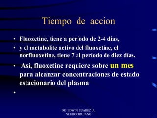 DR EDWIN SUAREZ A.
NEUROCIRUJANO
Tiempo de accion
• Fluoxetine, tiene a período de 2-4 días,
• y el metabolite activo del fluoxetine, el
norfluoxetine, tiene 7 al período de diez días.
• Así, fluoxetine requiere sobre un mes
para alcanzar concentraciones de estado
estacionario del plasma
•
 