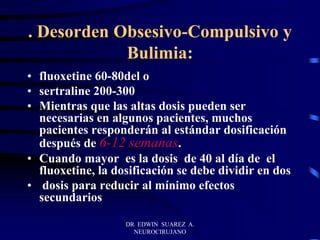 DR EDWIN SUAREZ A.
NEUROCIRUJANO
. Desorden Obsesivo-Compulsivo y
Bulimia:
• fluoxetine 60-80del o
• sertraline 200-300
• Mientras que las altas dosis pueden ser
necesarias en algunos pacientes, muchos
pacientes responderán al estándar dosificación
después de 6-12 semanas.
• Cuando mayor es la dosis de 40 al día de el
fluoxetine, la dosificación se debe dividir en dos
• dosis para reducir al mínimo efectos
secundarios
 