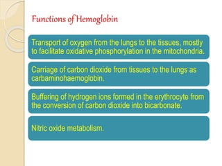Functions of Hemoglobin
Transport of oxygen from the lungs to the tissues, mostly
to facilitate oxidative phosphorylation in the mitochondria.
Carriage of carbon dioxide from tissues to the lungs as
carbaminohaemoglobin.
Buffering of hydrogen ions formed in the erythrocyte from
the conversion of carbon dioxide into bicarbonate.
Nitric oxide metabolism.
 