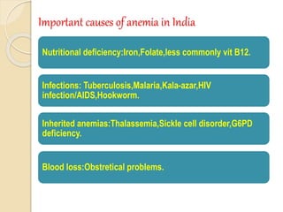 Important causes of anemia in India
Nutritional deficiency:Iron,Folate,less commonly vit B12.
Infections: Tuberculosis,Malaria,Kala-azar,HIV
infection/AIDS,Hookworm.
Inherited anemias:Thalassemia,Sickle cell disorder,G6PD
deficiency.
Blood loss:Obstretical problems.
 