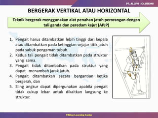 BERGERAK VERTIKAL ATAU HORIZONTAL
Teknik bergerak menggunakan alat penahan jatuh perorangan dengan
tali ganda dan peredam kejut (APJP)
1. Pengait harus ditambatkan lebih tinggi dari kepala
atau ditambatkan pada ketinggian sejajar titik jatuh
pada sabuk pengaman tubuh.
2. Kedua tali pengait tidak ditambatkan pada struktur
yang sama.
3. Pengait tidak ditambatkan pada struktur yang
dapat menambah jarak jatuh.
4. Pengait ditambatkan secara bergantian ketika
bergerak, dan
5. Sling angkur dapat dipergunakan apabila pengait
tidak cukup lebar untuk dikaitkan langsung ke
struktur.
 