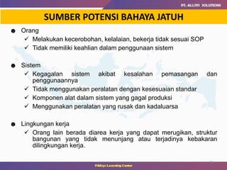 21
SUMBER POTENSI BAHAYA JATUH
☻ Orang
 Melakukan kecerobohan, kelalaian, bekerja tidak sesuai SOP
 Tidak memiliki keahlian dalam penggunaan sistem
☻ Sistem
 Kegagalan sistem akibat kesalahan pemasangan dan
penggunaannya
 Tidak menggunakan peralatan dengan kesesuaian standar
 Komponen alat dalam sistem yang gagal produksi
 Menggunakan peralatan yang rusak dan kadaluarsa
☻ Lingkungan kerja
 Orang lain berada diarea kerja yang dapat merugikan, struktur
bangunan yang tidak menunjang atau terjadinya kebakaran
dilingkungan kerja.
 
