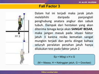 Fall Factor 3
Dalam hal ini terjadi maka jarak jatuh
melebihihi daripada panjangtali
penghubung anatara angkur dan sabuk
tubuh. Dampak dari hentakan yang akan
diterima tenaga kerja akan SANGAT BESAR,
maka jangan masuk pada situasi faktor
jatuh 3 karena resiko kematian sangat
mungkin terjadi dan perlu diingat bahwa
seluruh peralatan penahan jatuh hanya
dilakukan test pada faktor jatuh 2
Ep = M(kg) x H x G
(M = Massa, H = Ketinggian jatuh, G = Gravitasi)
 