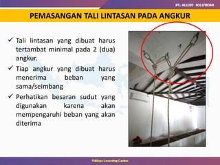  Tali lintasan yang dibuat harus
tertambat minimal pada 2 (dua)
angkur.
 Tiap angkur yang dibuat harus
menerima beban yang
sama/seimbang
 Perhatikan besaran sudut yang
digunakan karena akan
mempengaruhi beban yang akan
diterima
PEMASANGAN TALI LINTASAN PADA ANGKUR
 