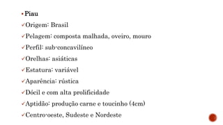  Piau
Origem: Brasil
Pelagem: composta malhada, oveiro, mouro
Perfil: sub-concavilíneo
Orelhas: asiáticas
Estatura: variável
Aparência: rústica
Dócil e com alta prolificidade
Aptidão: produção carne e toucinho (4cm)
Centro-oeste, Sudeste e Nordeste
 