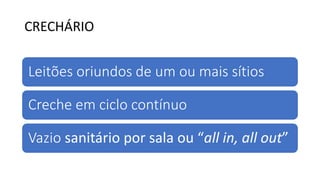 CRECHÁRIO
Leitões oriundos de um ou mais sítios
Creche em ciclo contínuo
Vazio sanitário por sala ou “all in, all out”
 