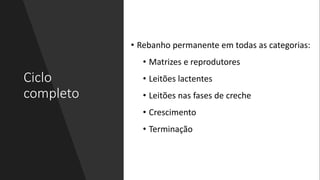 Ciclo
completo
• Rebanho permanente em todas as categorias:
• Matrizes e reprodutores
• Leitões lactentes
• Leitões nas fases de creche
• Crescimento
• Terminação
 
